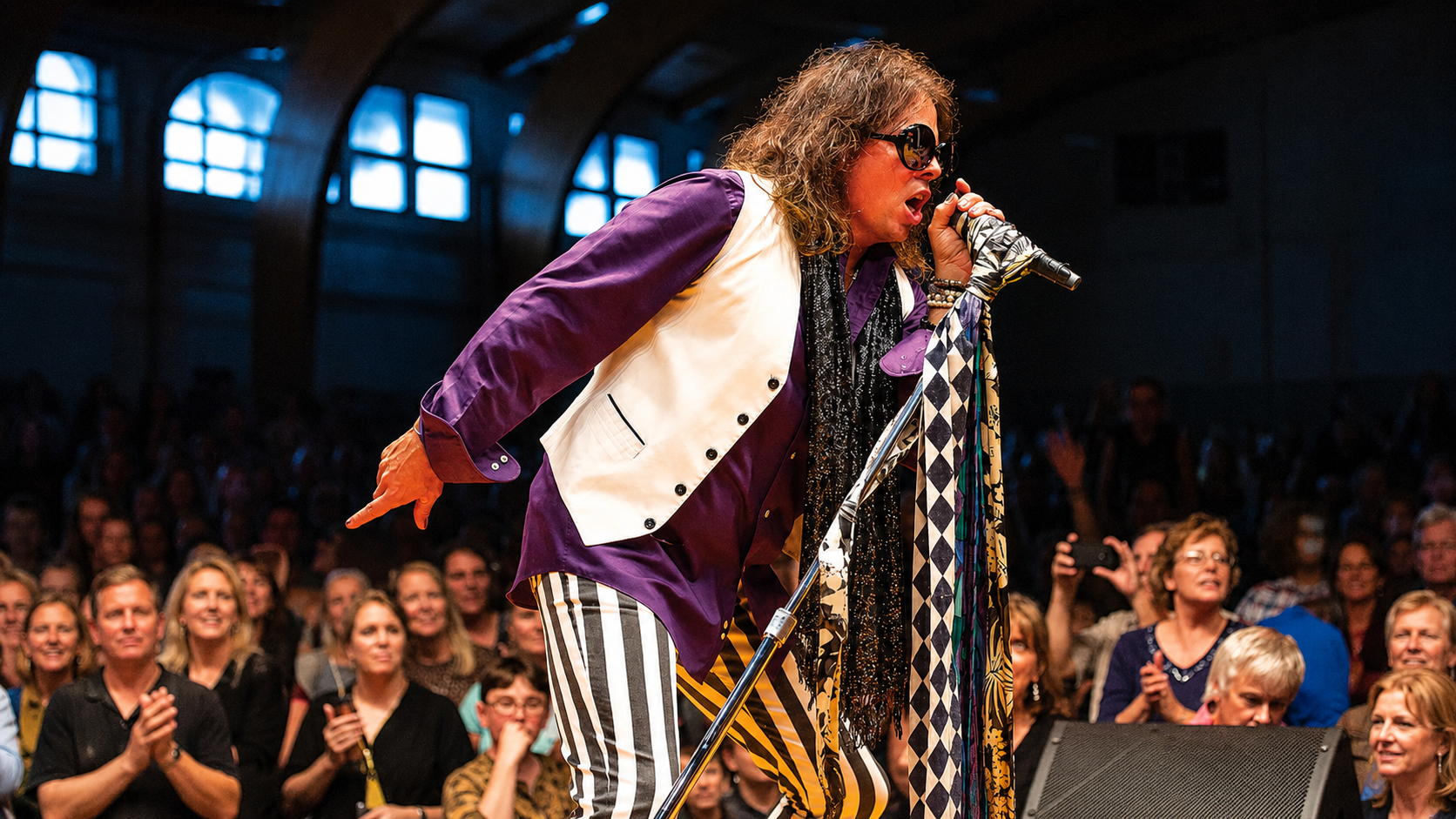 Neill Byrnes and members of Aerosmith tribute band Draw The Line, onstage at the Sherburne Gymnasium in Sunapee, New Hampshire.